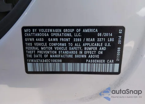 2014 Volkswagen Passat 1.8T S из США, поврежденный, VIN 1VWAS7A34EC108298